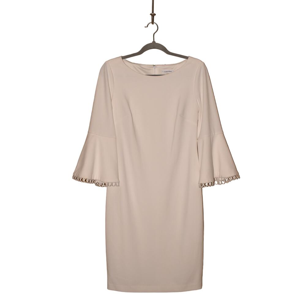 CALVIN KLEIN $134‎ White Circle Trim Bell Sleeve Lined Sheath Dress Size 10